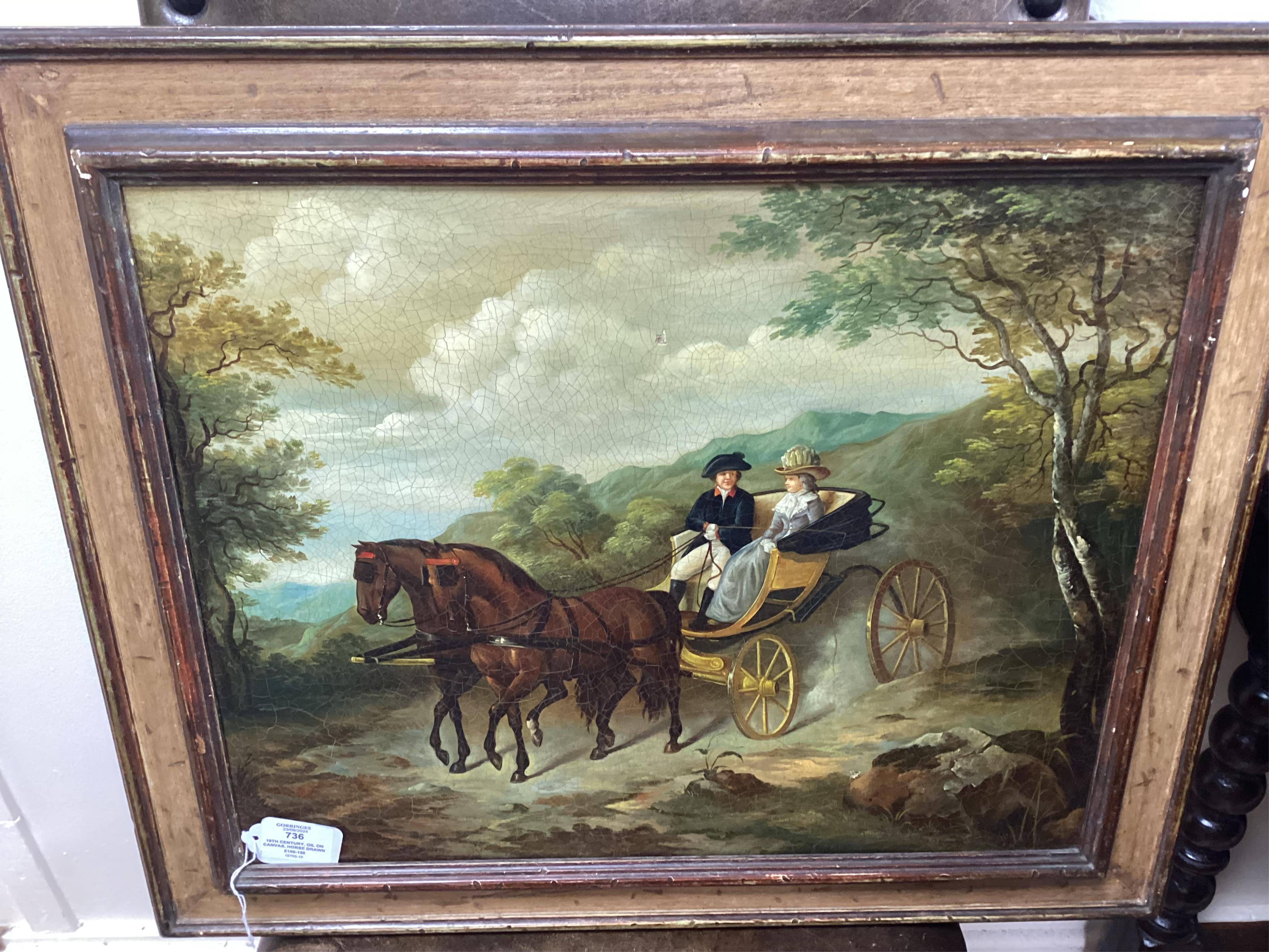 19th century, oil on canvas, Horse drawn carriage, unsigned, 39 x 49cm. Condition - poor